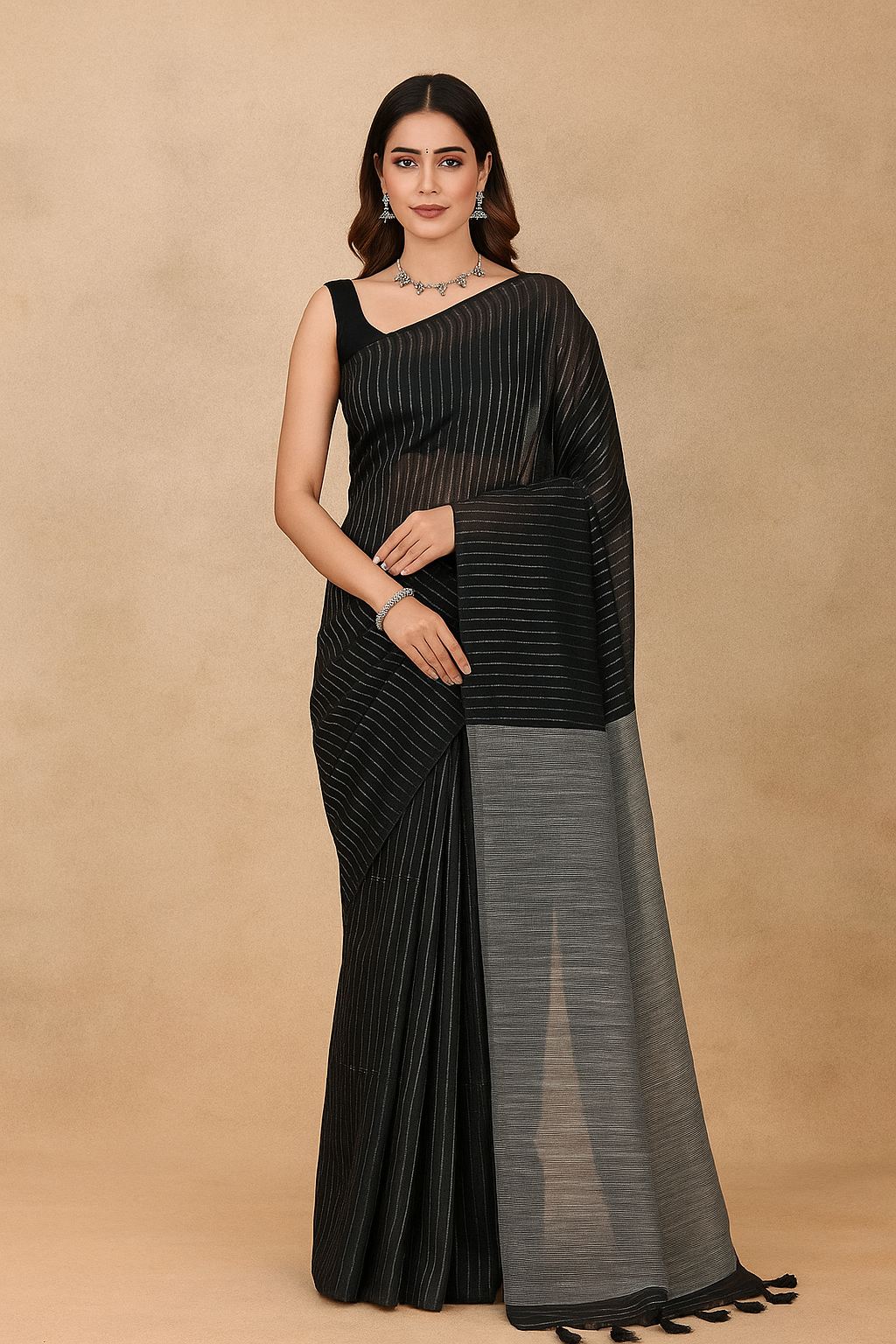 Elegant Black Khadi Cotton Saree – Vertical Stripes & Grey Contrast Pallu