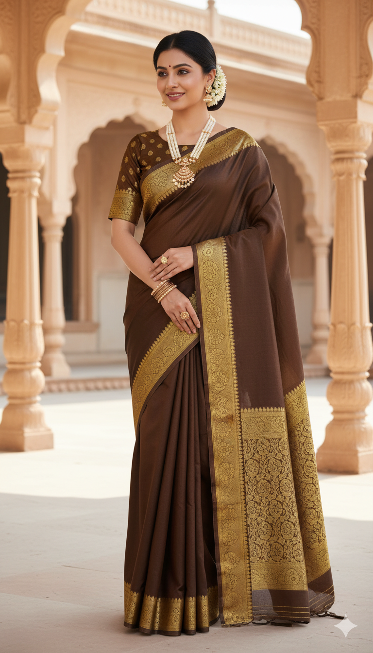 Premium Semi Crape Silk Saree – Coffee Brown with Rich Mango Zari Border