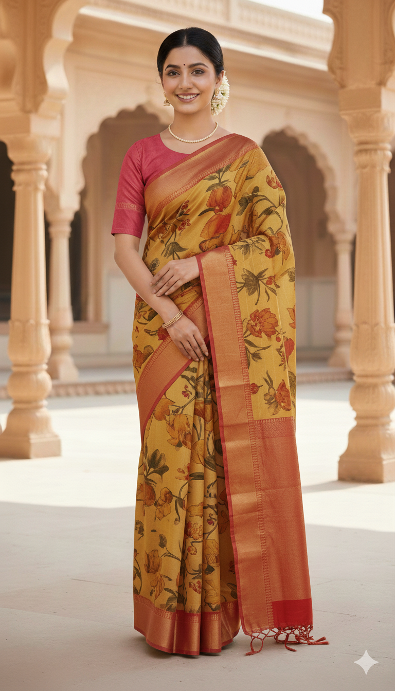 Semi Crepe Silk Saree – Red & Pink with Golden Zari Stripes