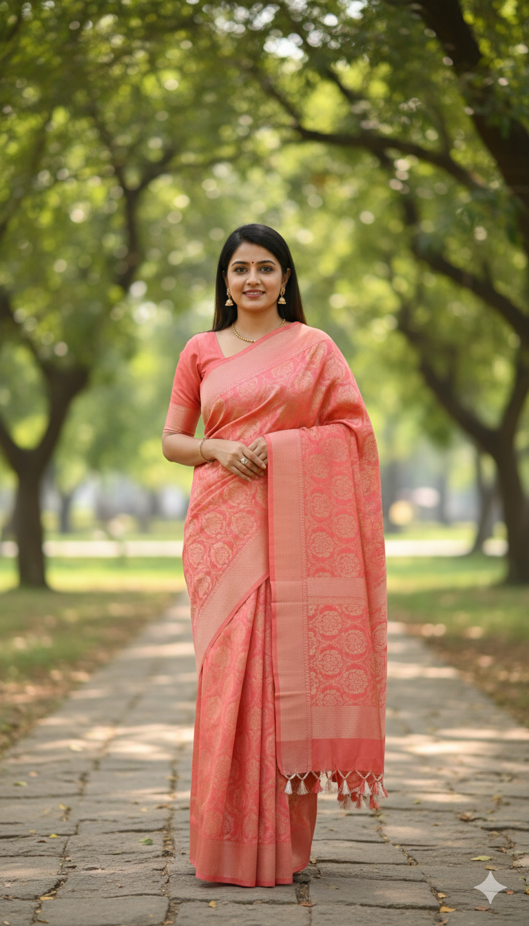 Premium Handloom Soft Katan Silk Saree – Peach with All-Over Embroidery