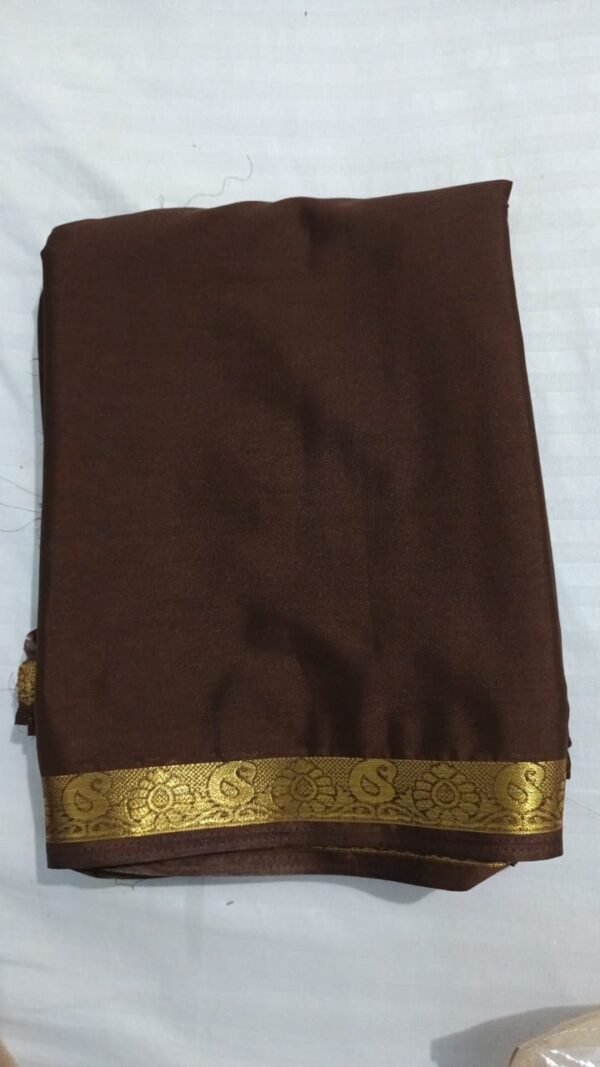 Premium Semi Crape Silk Saree – Coffee Brown with Rich Mango Zari Border - Image 2