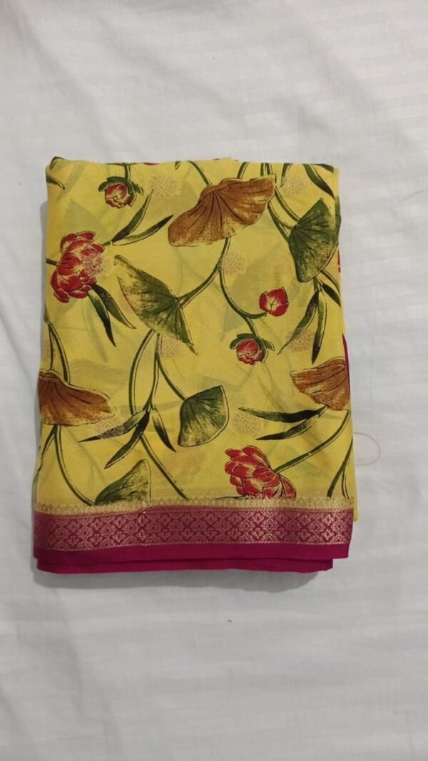 Semi Crepe Silk Saree – Red & Pink with Golden Zari Stripes - Image 2