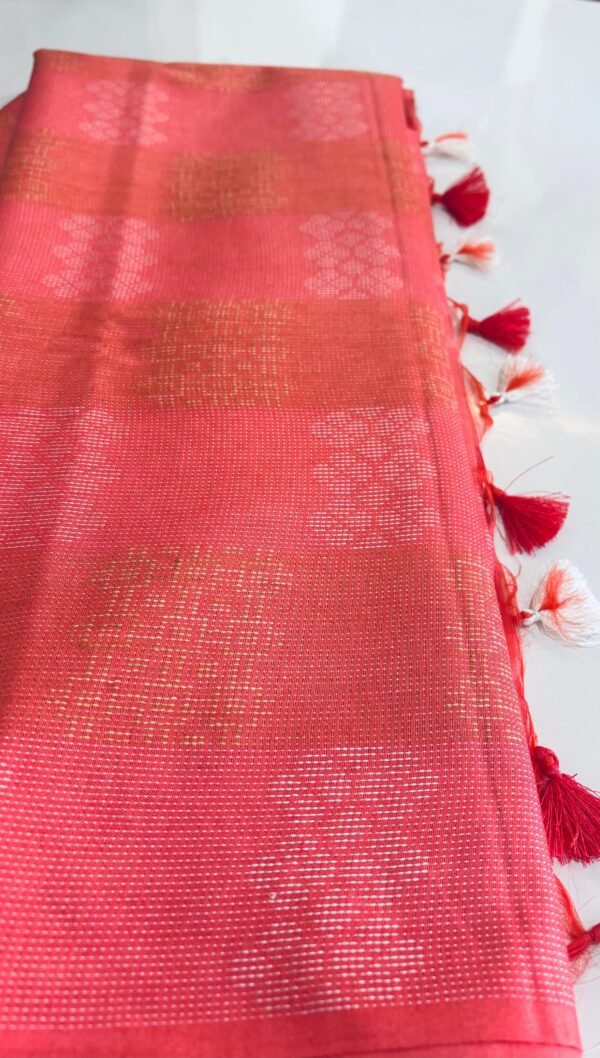 Premium Handloom Soft Katan Silk Saree – Peach with All-Over Embroidery - Image 3