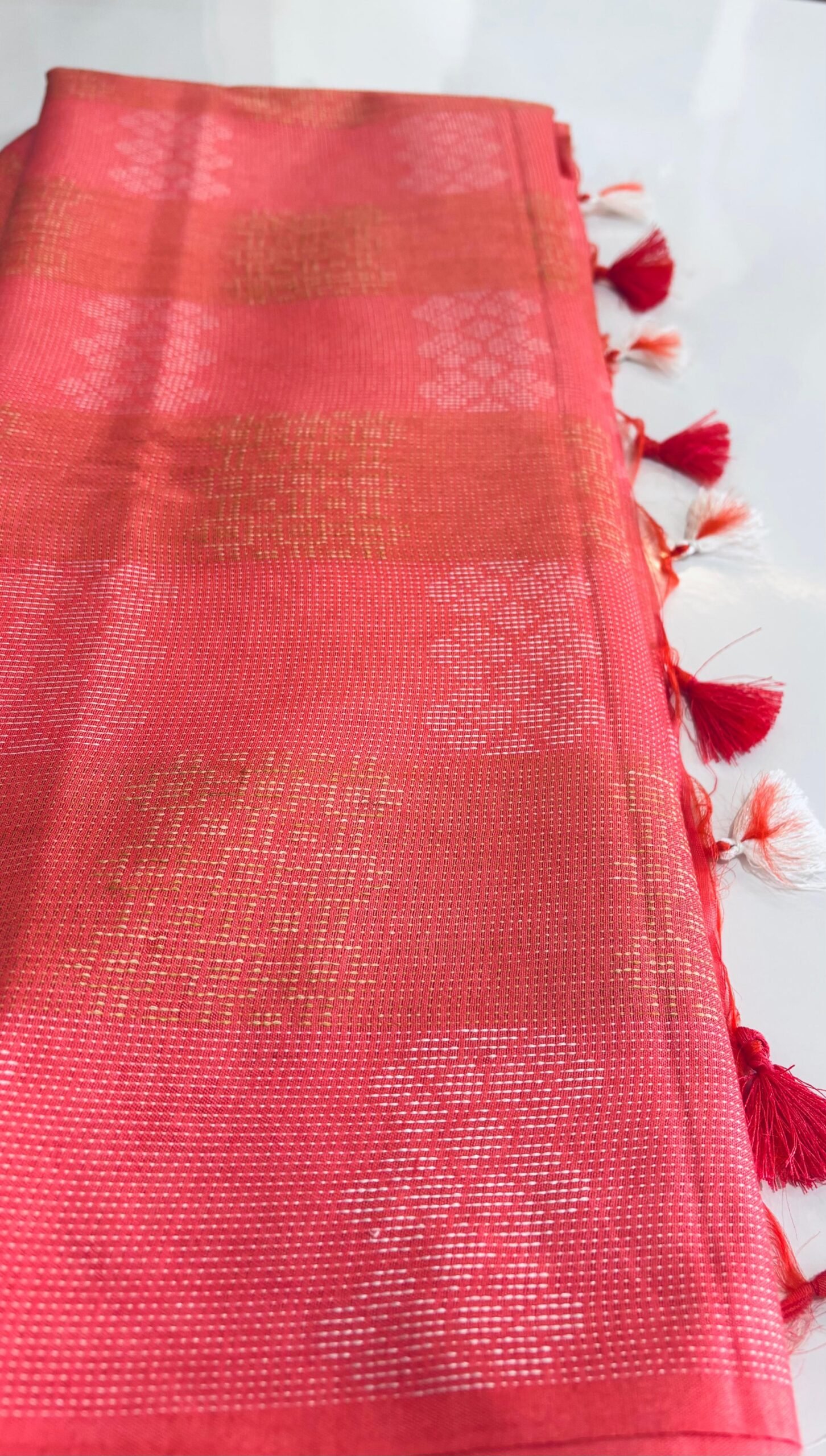 Premium Handloom Soft Katan Silk Saree – Peach with All-Over Embroidery - Image 3