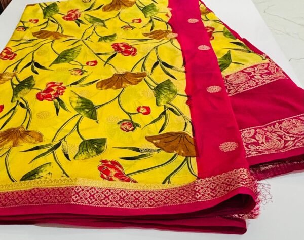 Semi Crepe Silk Saree – Red & Pink with Golden Zari Stripes - Image 4