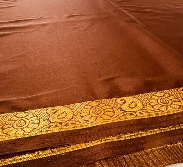 Premium Semi Crape Silk Saree – Coffee Brown with Rich Mango Zari Border - Image 3