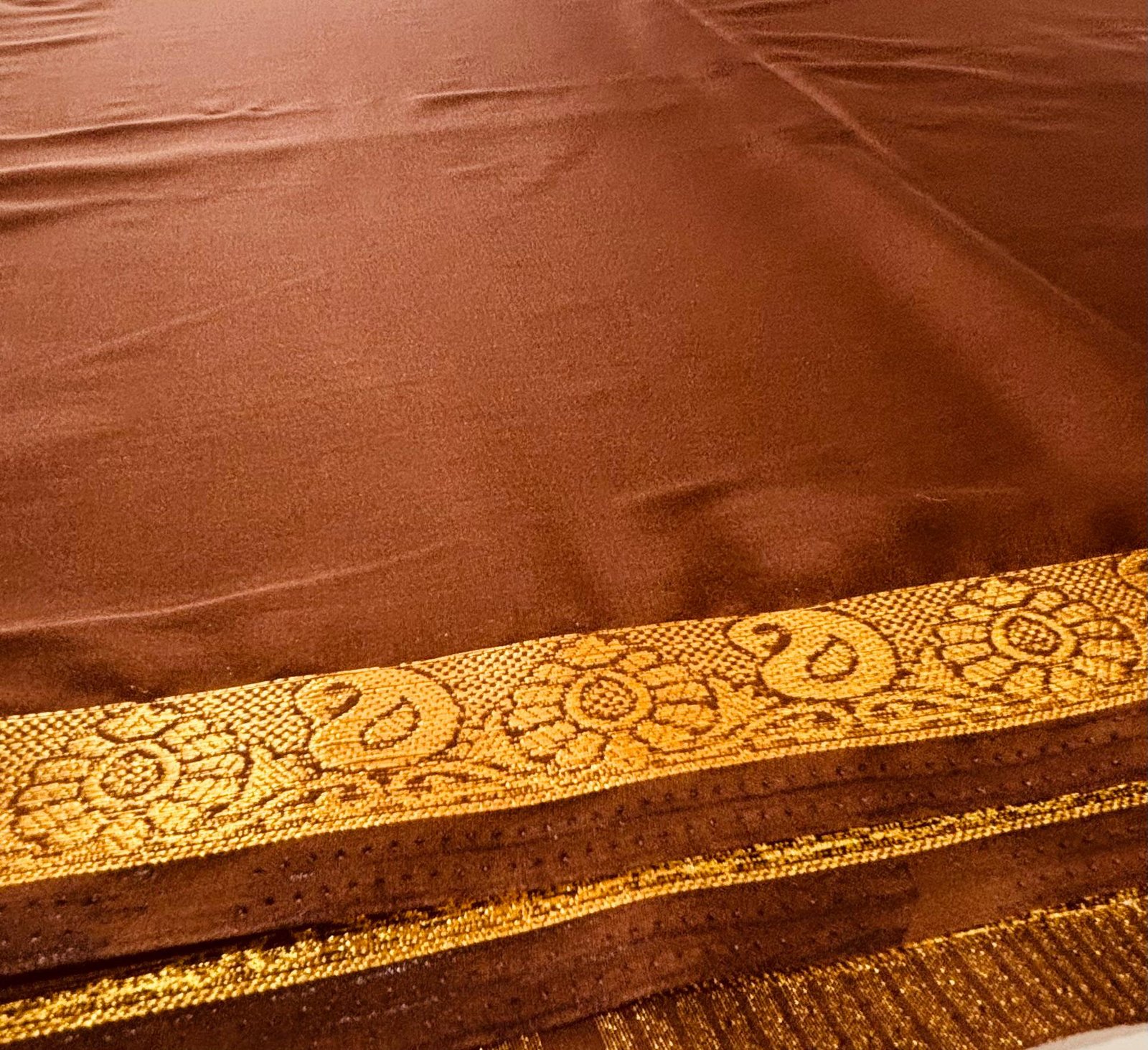 Premium Semi Crape Silk Saree – Coffee Brown with Rich Mango Zari Border - Image 3
