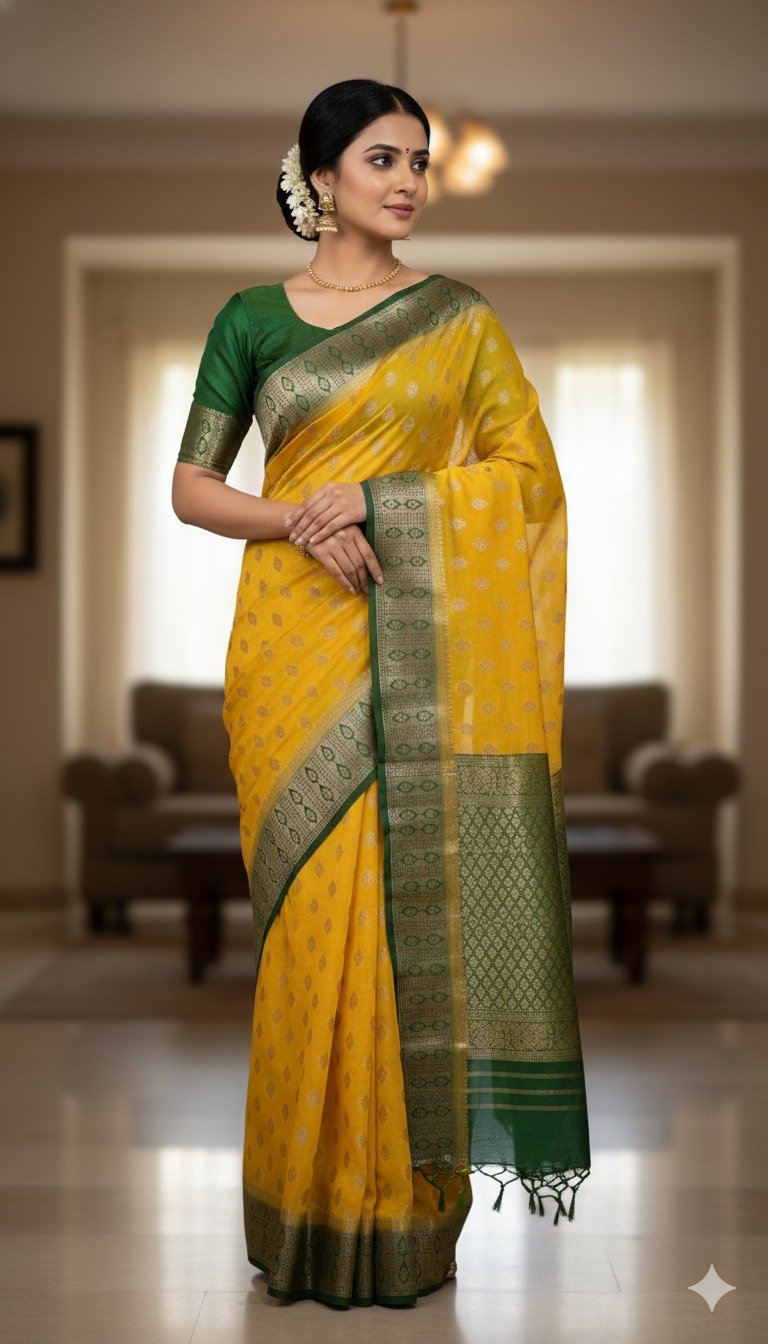 Premium Semi Crepe Printed Silk Saree – Lemon Yellow & Pink with Zari Butta Work