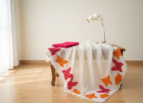 Trendy White Crush Saree Featuring Butterfly Embroidery Work