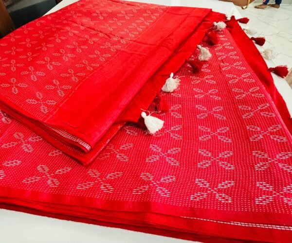 Premium Soft Katan Silk Saree – Red & White Handloom Weave with Same Blouse Piece - Image 2