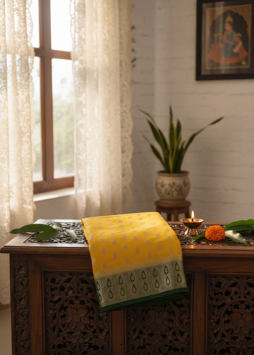 Premium Yellow & Green Georgette Saree with Butta Work and Beautiful Border