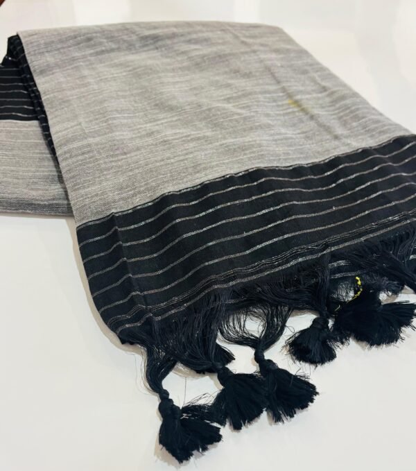 Elegant Black Khadi Cotton Saree – Vertical Stripes & Grey Contrast Pallu - Image 2