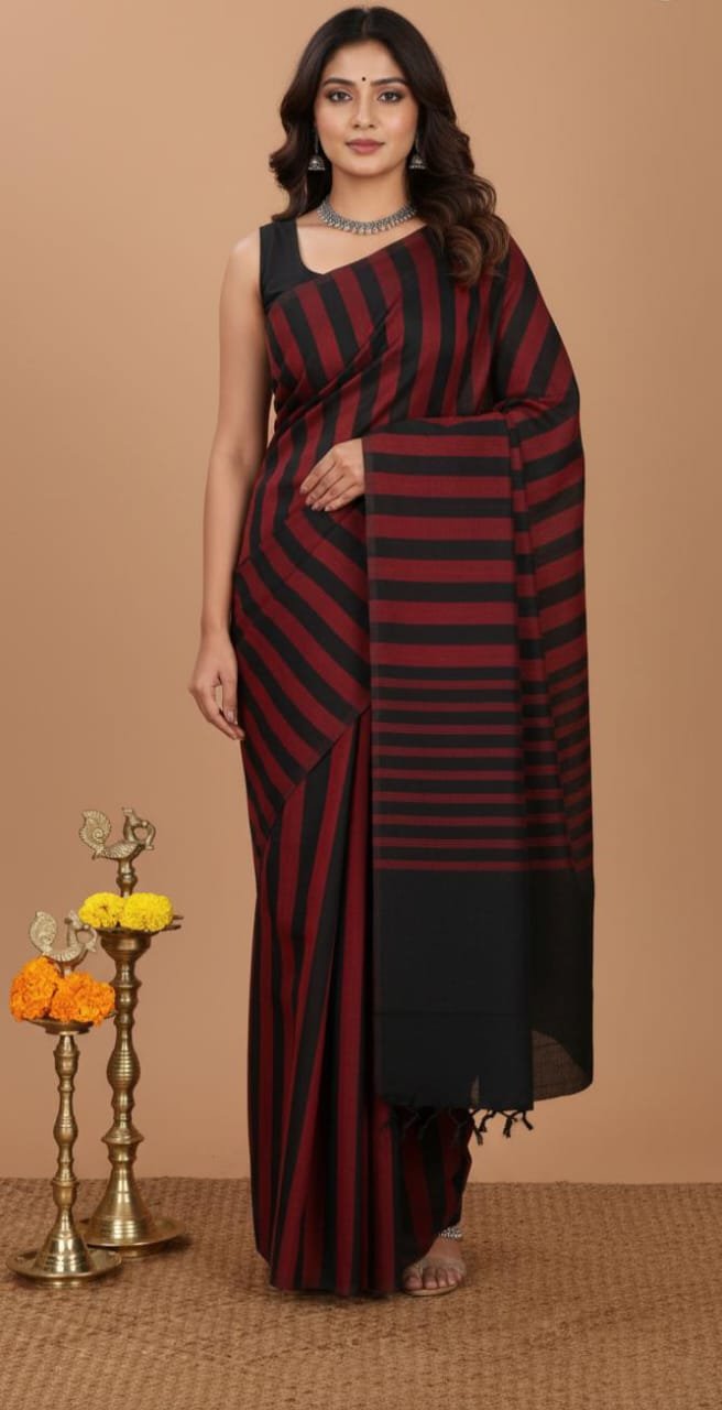 Black and Red Jute Cotton Saree – Borderless Striped Pattern with Elegant Finish
