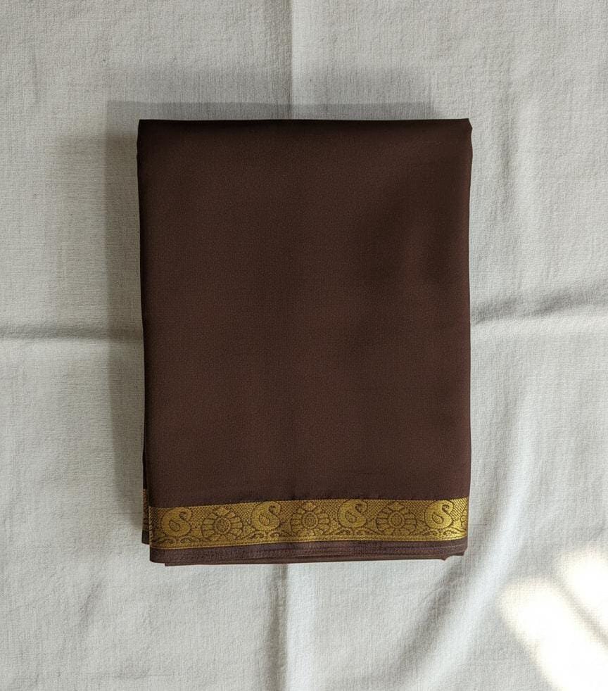 Premium Semi Crape Silk Saree – Coffee Brown with Rich Mango Zari Border