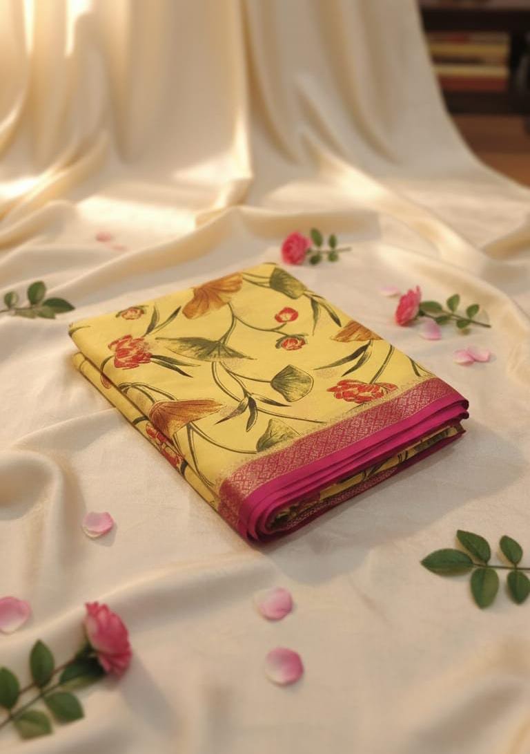 Semi Crepe Silk Saree – Red & Pink with Golden Zari Stripes