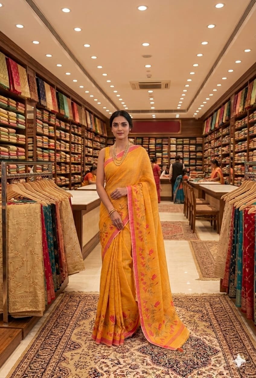 Floral Border Linen Saree